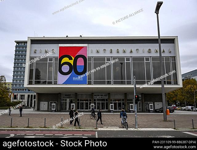 09 November 2023, Berlin: Kino International on Karl-Marx-Allee is celebrating its 60th anniversary with a new poster on its façade
