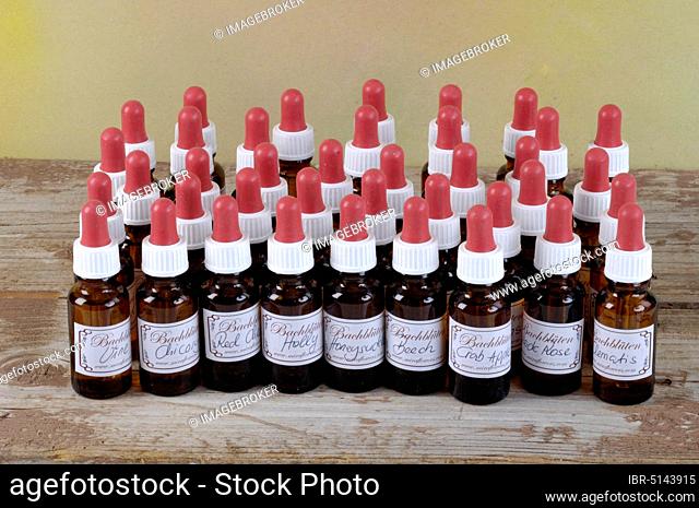 Bottles with Bach blossoms, vials with Bach flowers, Bach flowers, Bach flower therapy, alternative medicine, optional