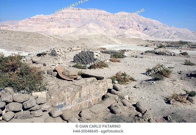 Luxor, Egypt, temple of the pharaoh Amenhotep III in Malkata: remains of the foundations