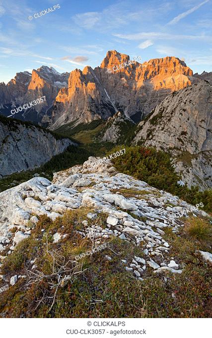 The south east face of Mount Civetta and the south Moiazza at sunset as seen from from mount Framont, Dolomites, Agordino, Veneto, Italy
