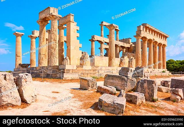 Ruins of ancient greek temple of Aphaea in Aegina Island, Saronic Islands, Greece