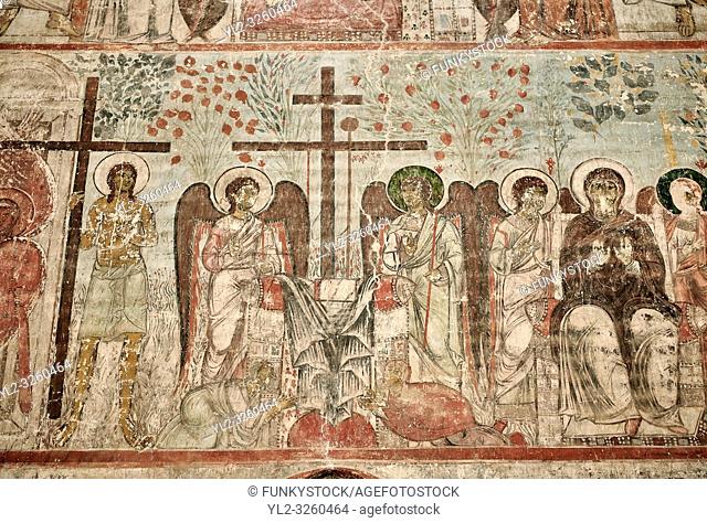 Pictures & imagse of the interior frescoes depicting the Assumption of the Virgin in the Timotesubani medieval Orthodox monastery Church of the Holy Dormition...