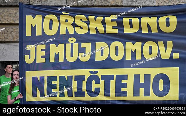 Greenpeace activists installed plastic octopus, not seen, in front of Czech Industry and Trade Ministry to warn of deep-sea mining and highlight necessity of...