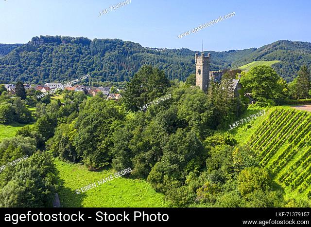 Aerial view of Saarfels Castle, Serrig, Saar Valley, Rhineland-Palatinate, Germany