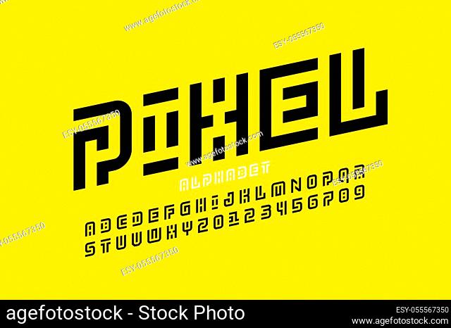 Pixel art style font design, alphabet letters and numbers vector illustration