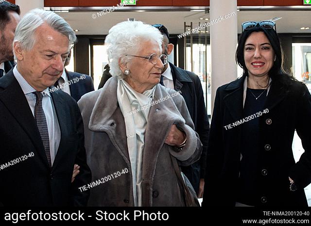 Ferruccio De Bortoli, Italian Instruction Minister Lucia Azzolina (R) Holocaust survivor and Italian Senator for Life, Liliana Segre at Arcimboldi Theatre for...