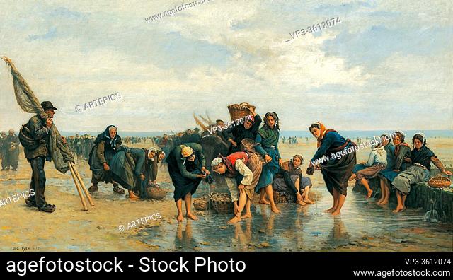 Feyen Jacques Eugene - Oyster Fisherwomen on a Bustling Beach - French School - 19th Century