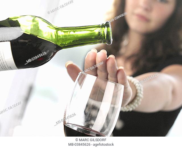 Woman, young, hand, red wine-glass, bottle, keeps closed detail, fuzziness series people party celebration, party, beverage, alcohol, alcoholic, alcoholic, wine