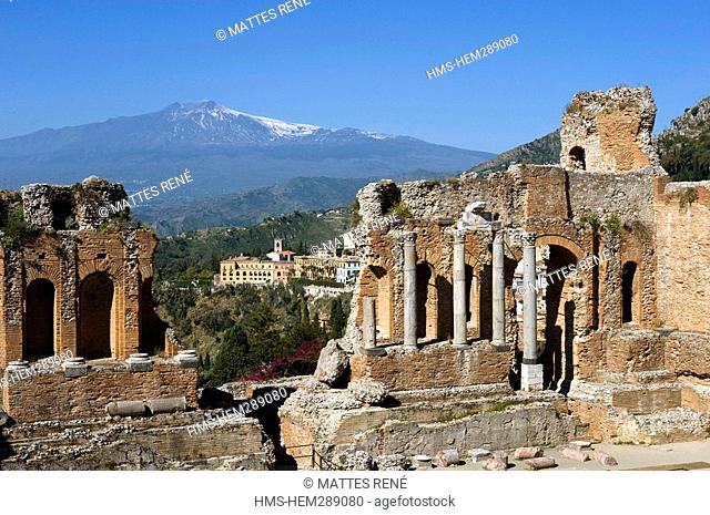 Italy, Sicily, Taormina, Greek theatre with Etna in the background