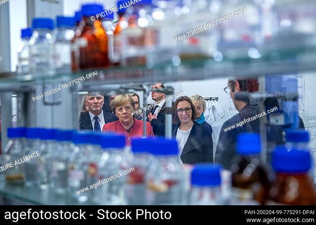 04 February 2020, Mecklenburg-Western Pomerania, Greifswald: German Chancellor Angela Merkel (CDU) visits the Enzymical company in the biotechnological centre