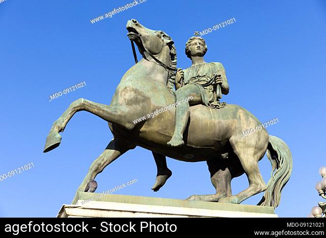 Equestrian bronze statue of Dioscure Pollux, which appears on the right of the gate of the Royal Palace. Turin (Italy), February 9th, 2022