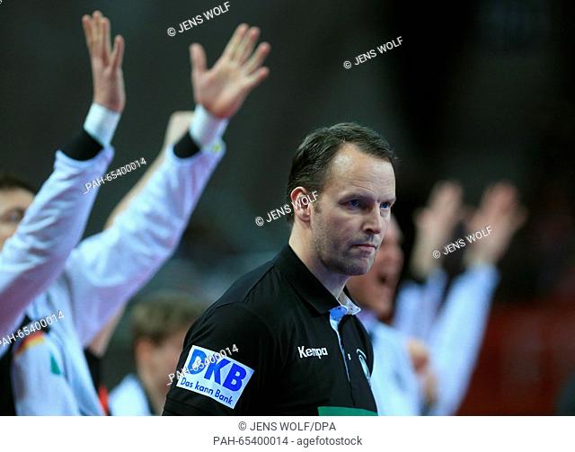 Germany's head coach Dagur Sigurdsson reacts during the 2016 Men's European Championship handball group 2 match between Germany and Denmark at the Centennial...