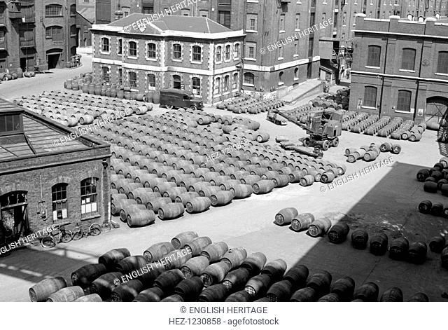 Wine Gauging Ground, North Quay, London Docks, c1945-c1965. Rows of barrels of wine, marked `Sandeman', at the Wine Gauging Ground