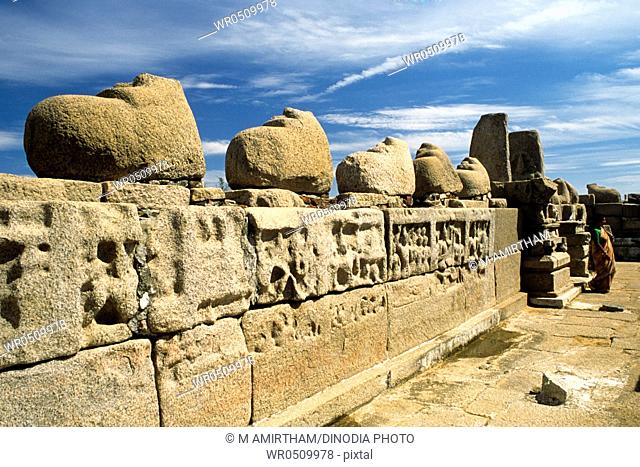 Nandi statues on wall of shore temple , Mahabalipuram Mamallapuram , Tamil Nadu , India