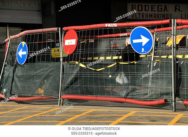 No entry sign, street under construction. Esplugues de Llobregat, Barcelona, Catalonia, Spain