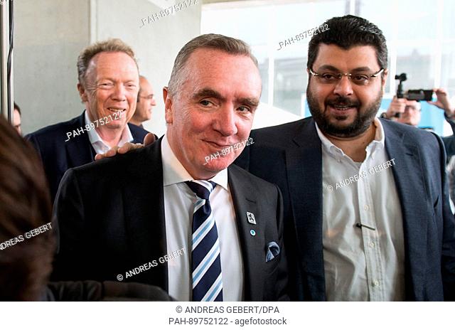 President Peter Cassalette (L-R), investor Hasan Ismaik (R) and the new managing director Ian Ayre arrive for a press conference of the second German Bundesliga...