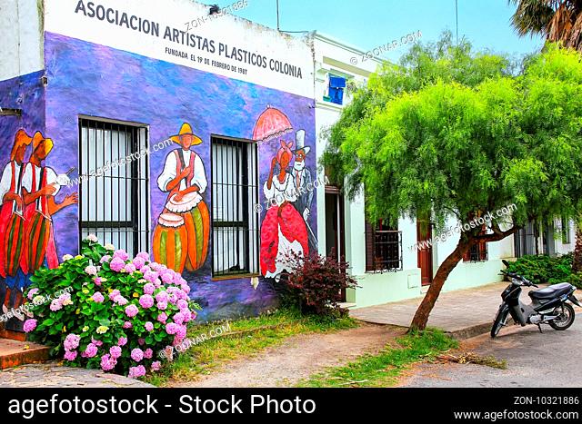Painted facade of Visual Artists Association building in Colonia del Sacramento, Uruguay. It is one of the oldest towns in Uruguay