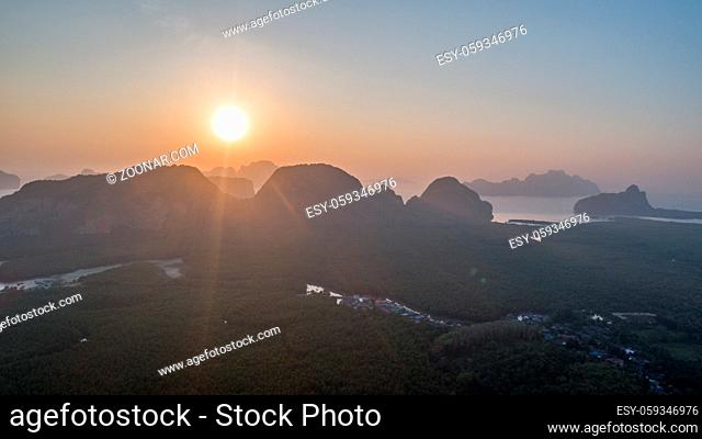 Aerial drone view of sunset at tropical Phang-nga bay in Thailand