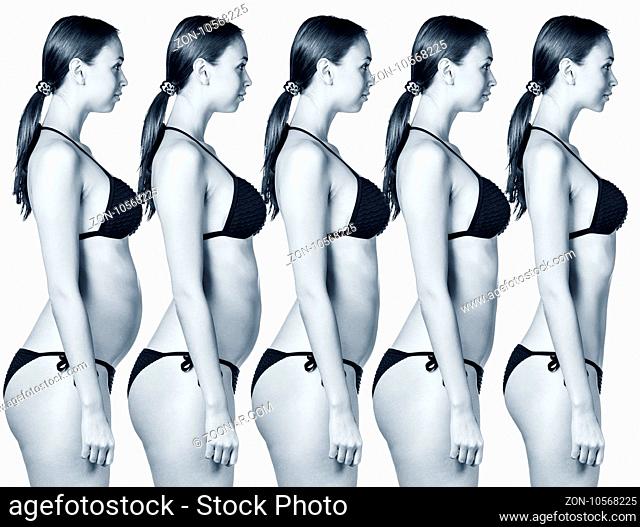 Collage of female body showing weight loss phases over white background