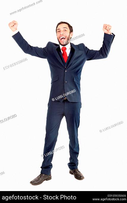 Happy and successful businessman isolated in white