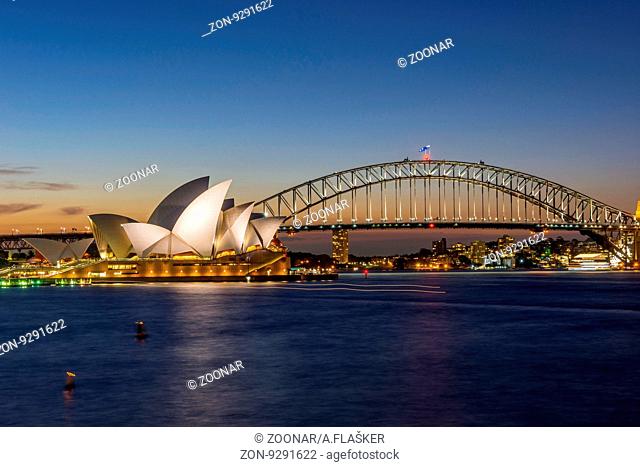View on Sydney opera and Harbour bridge at night, long exposure