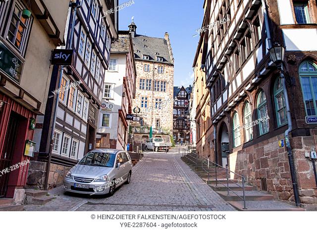 Steile Strasse street, Reitgasse, historic half-timbered houses, historic centre, Marburg, Hesse, Germany, Europe