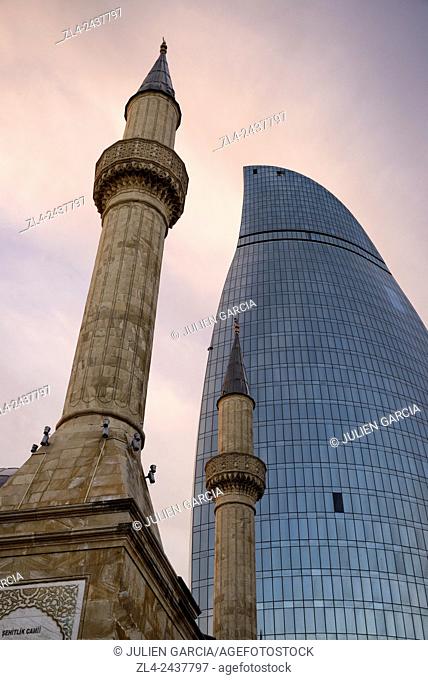 Azerbaijan, Baku, Martyrs' Lane (Alley of Martyrs), small mosque and the Flame Towers