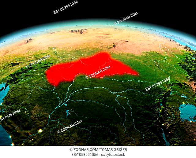 Morning above Central Africa highlighted in red on model of planet Earth in space. 3D illustration. Elements of this image furnished by NASA