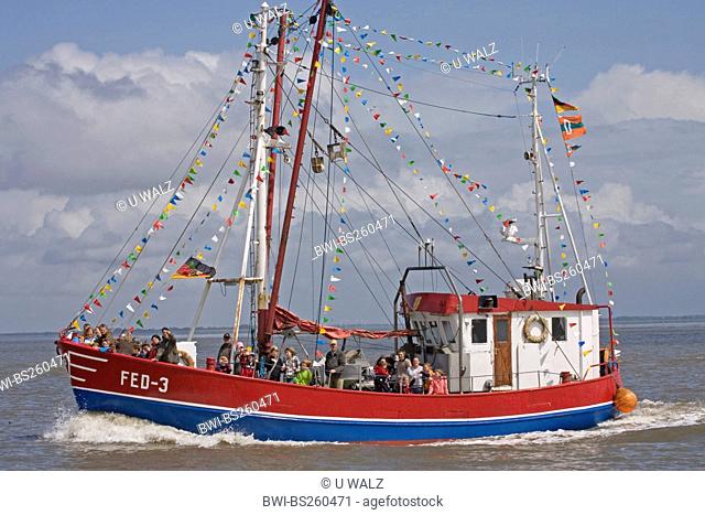 crab cutter decorated with colourful pennants, cutter regatta, Germany, Lower Saxony, Fedderwardersiel