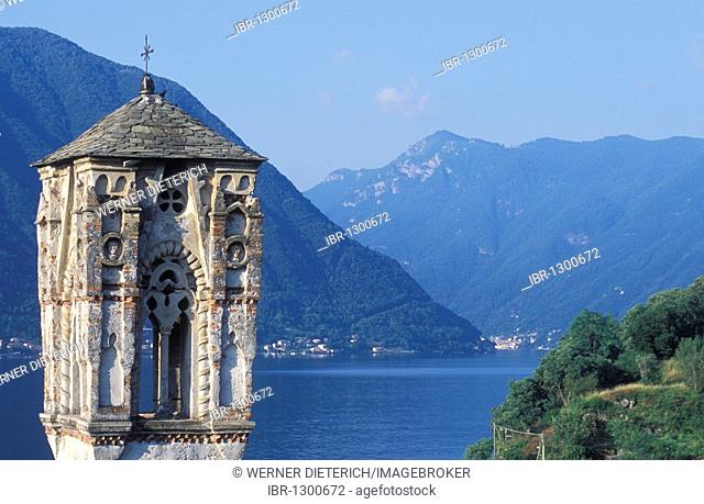 Spire of the church of Santa Maria Maddalena in Ossuccio, belfry, Lake Como, Italian Lakes, Lombardy, Italy, Europe