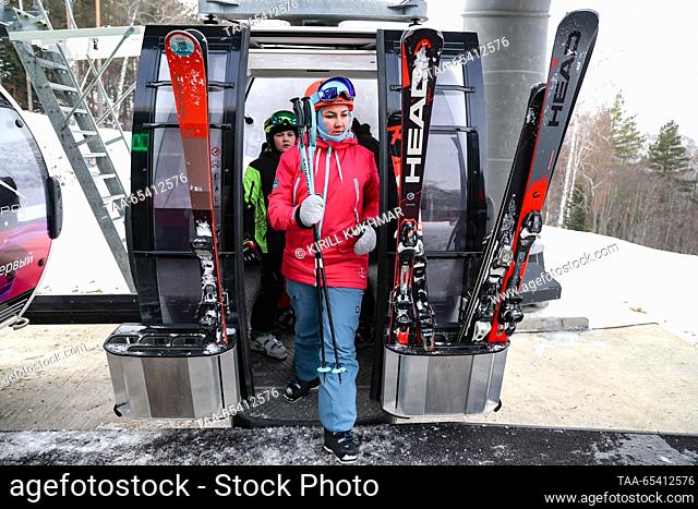 RUSSIA, ALTAI REPUBLIC - DECEMBER 2, 2023: A cable car at the Manzherok year-round ski resort located at the foot of Mount Malaya Sinyukha