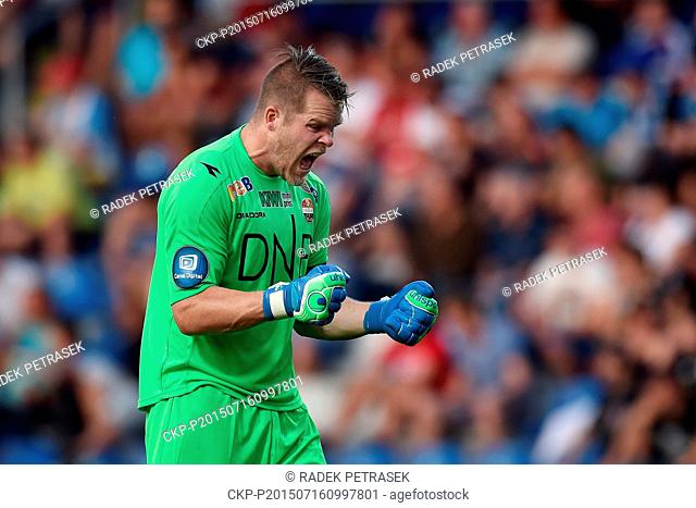 Goalkeeper Espen Bugge Pettersen of Stromsgodset celebrates the second goal of his team during the second qualifying round of the UEFA Europa League match FK...