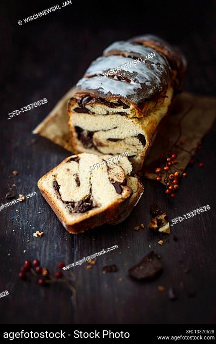 Chocolate banana cake made from sweet yeast dough