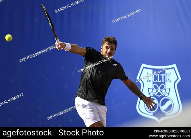 Stan Wawrinka of Switzerland returns a shot to Sumit Nagal of India during the I. CLTK Prague Open of the ATP Challenger Tour match in Prague, Czech Republic