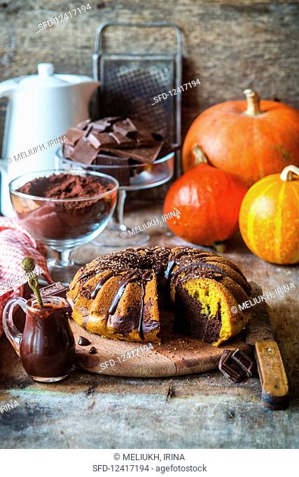 Pumpkin and chocolate cake, sliced