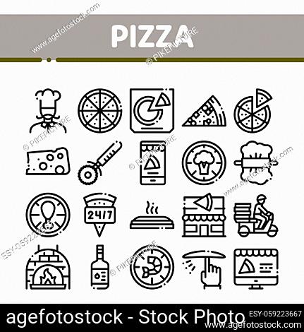 Pizza Delicious Food Collection Icons Set Vector Thin Line. Pizza With Seafood And Vegetable, With Chicken And Cheese, Cook And Delivery Concept Linear...
