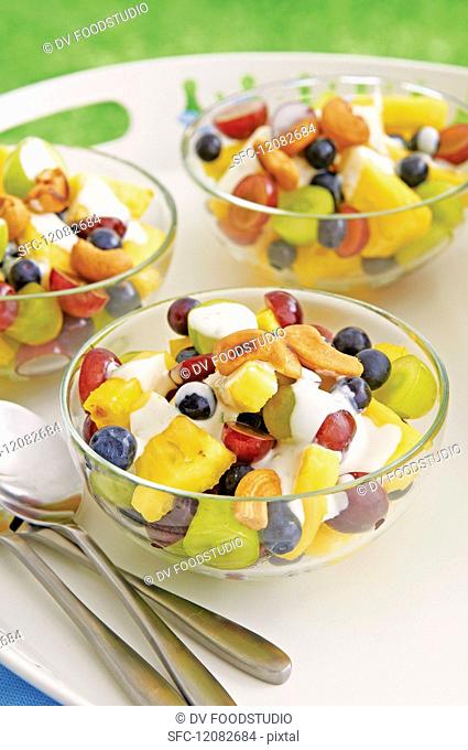 Fruit salad with pineapple, grapes and blueberries