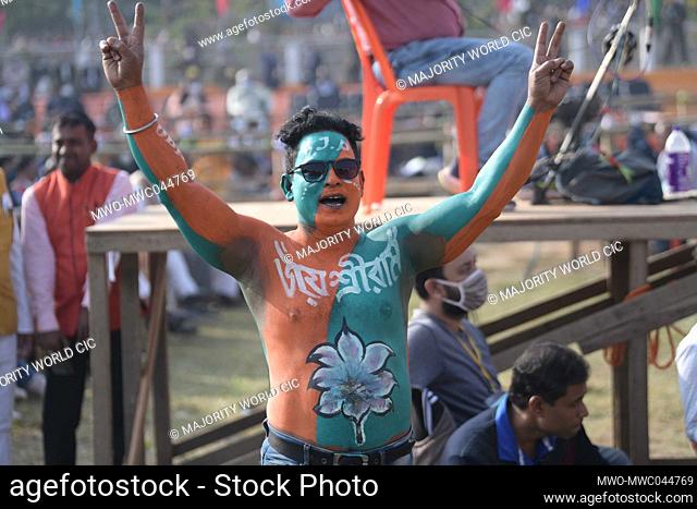Supporters gathered at Swami Vivekananda Stadium to attend Prime Minister Narendra Modi's program in Agartala. Tripura, India