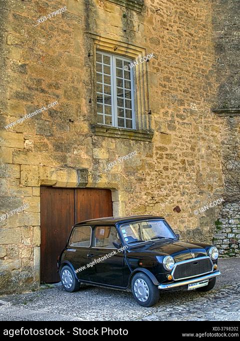 classic Austin Mini parked at Biron, Dordogne Department, Nouvelle-Aquitaine, France