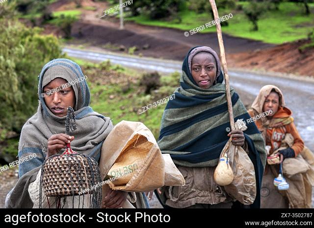 Local villagers selling hats and pots souvenir in the Simien Mountains National Park, Amhara Region, Ethiopia