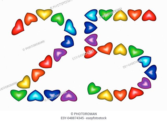 Number 25 of colorful hearts on white. Symbol for happy birthday, event, invitation, greeting card, award, ceremony. Holiday anniversary sign