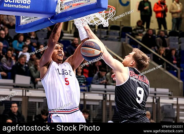 Liege's Avelon John JR and Kortrijk's Seppe d'Espailler fight for the ball during a basketball match between RSW Liege Basket and House of Talents Spurs...