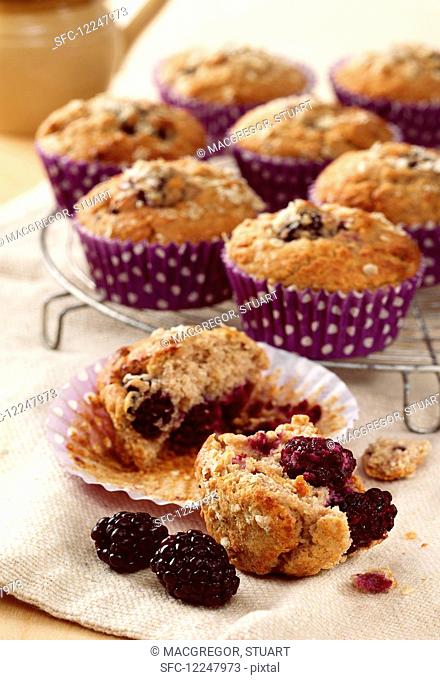 Blackberry and honey oat muffins, one shown broken open in front with blackberries, others on cooling rack