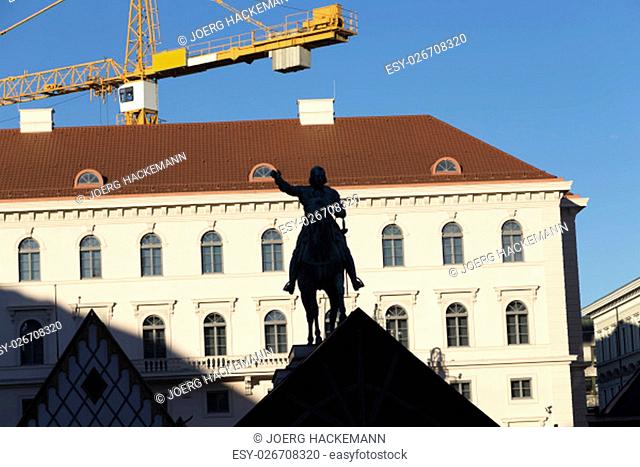 Equestrian statue of Maximilian I in Munich, built 1820 with crane