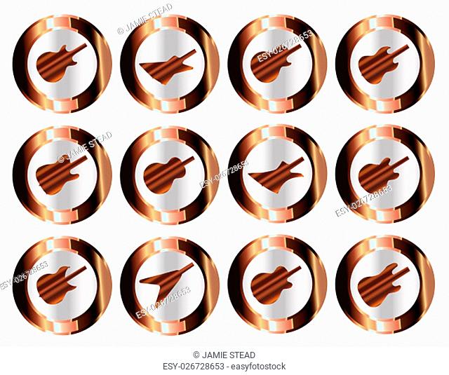 A collection of 12 electric guitar icon buttons on white