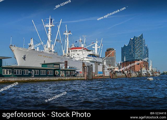 Museum ship Cap San Diego, Überseebrücke, Elbe Philharmonic Hall, Hamburg, Germany, Europe