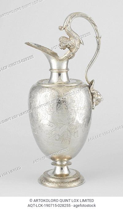Ewer and basin with the arms of Vlissingen Jug with an egg-shaped body, the ear with a lion and a ram's head, The foot of the round jug is made up of a slightly...