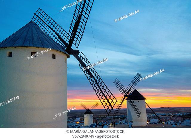 Windmills at sunset. Campo de Criptana, Ciudad Real province, Castilla La Mancha, Spain