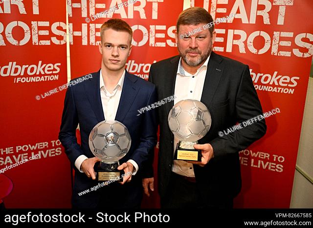 Antwerp's Arthur Vermeeren and Gent's head coach Hein Vanhaezebrouck pose with their award duirng a ceremony for the 'Raymond Goethals Trophy' and the...