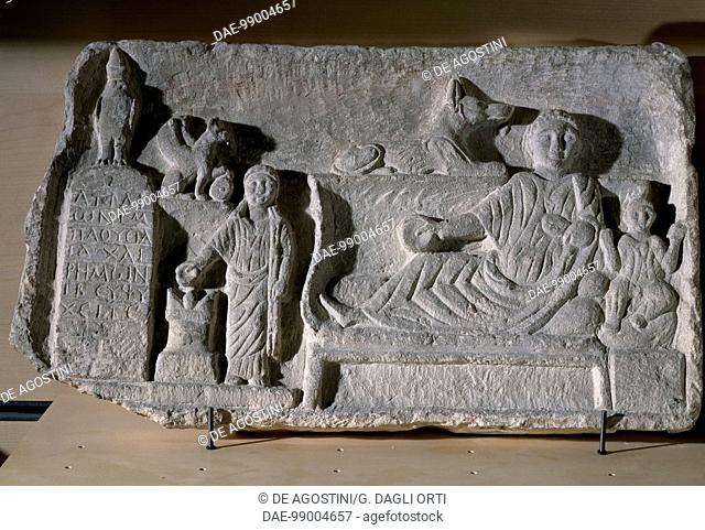 Stele of Atillion, died at age 40, and his sons Plousia, died at age 4, and Chairemon, who died at 2 years, limestone, 30.6 x53